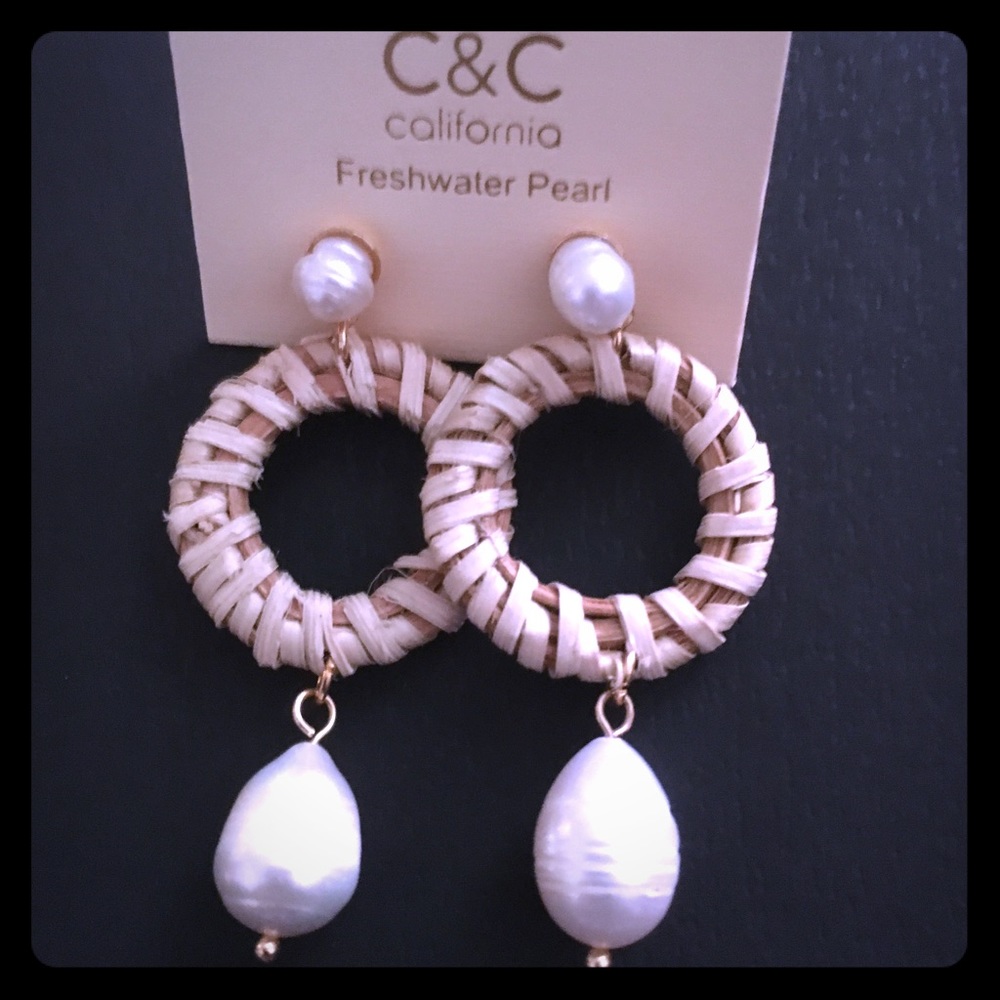 C C California straw and pearl drop pear earrings